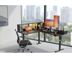 Elektrisch Hoogte Verstelbaar L-Vormig Bureau met LED Verlichting 160x140 cm – Ergonomisch Zit-Sta Hoekbureau met Geheugenfunctie & T-Staal Frame – Hout & Zwart – HomeByNicole