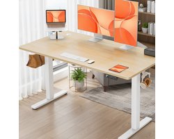Elektrisch In Hoogte Verstelbaar Bureau Ganeey ErgoPro 140x70 cm – Ergonomisch Bureau met 4 Geheugenfuncties, Stil & Sterk Aluminium Frame, Gaming- & Kantoorbureau in Licht Hout, Kabelmanagement & Haakjes