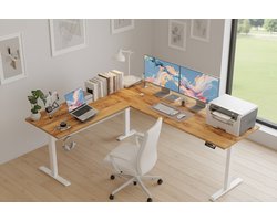 Elektrisch In Hoogte Verstelbaar L-Vormig Hoekbureau 160x140 cm – Zit-Sta Bureau met Geheugenfunctie & Anti-Botsing – Ergonomisch Kantoor- en Gamingbureau – Robuust Metaal Frame – Lichtbruin Hout – HomeByNicole