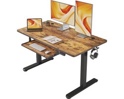 Elektrisch in hoogte verstelbaar stabureau 120 x 60 cm - Zit- of sta bureau met gesplitst blad, zwart frame en rustiek bruin bureaublad