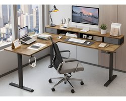 Elektrisch Staand Bureau L-Vormig met Laden 160x140 cm – In Hoogte Verstelbaar Hoekbureau met Opbergruimte, Ergonomisch Zit-Sta Bureau voor Thuiskantoor – Massief Bruin Hout & Stalen Frame – HomeByNicole