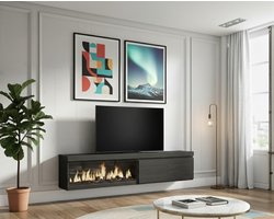 Elektrisch TV-Meubel met Open Haard TasalFurniture Novara – 210 cm – Modern Lowboard voor TV tot 80 inch – Zwart Eiken Design – Luxe Vrijstaande TV-Kast met 3D LED Vlameffect, Afstandsbediening & Opslagruimte – Woonkamermeubel