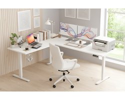 Elektrisch Verstelbaar Hoekbureau L-Vorm 160x140 cm – Zit-Sta Bureau met Geheugenfunctie, Anti-Botsing, Ergonomisch Computertafel met Stil Motor – Wit – HomeByNicole