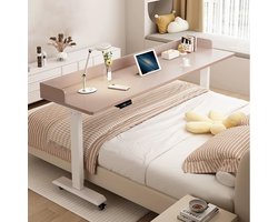 Elektrisch Verstelbare Bedtafel met Wielen – Hoogte Verstelbare Laptoptafel voor Bed & Ziekenhuis – Verrijdbare Nachtkast met Opstaande Rand – Comfortabel Bureau voor Thuis & Slaapkamer – 180 cm – Roze/Wit NoviHome