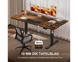 Elektrisch Zit-Sta Bureau 160x80 cm – 18 mm Dik Tafelblad – 3 Geheugenstanden – USB en Zit-alarm – Kabelmanagement – Zwart frame met donker houtlook blad