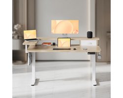 Elektrisch Zit Sta Bureau In Hoogte Verstelbaar 120x60 cm met Lade en USB – Ergonomisch Sta Bureau Computerbureau met Dubbele Opslaglaag, Kabelmanagement en FSC Houten Blad – Beige/HoutlookMobili Bella