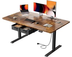 Elektrisch Zit Sta Bureau met Geïntegreerd Stopcontact en USB-C, Vintage Bruin Bureau met 2 Laden