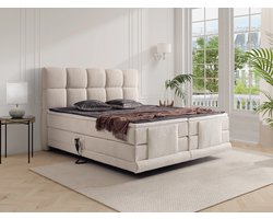 Elektrische Boxspring 180x200 cm Complete Set – Tweepersoons Boxspringbed met Elektrische Verstelbare Bedbodems, Pocketvering Matrassen en Topmatras – Bouclé/Teddy Stof Beige Luxe Hotel Boxspring – Bellavero