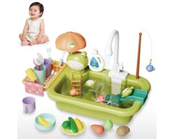 Elektrische Circulerende Water Afwasbak Speelgoed voor Kinderen - Groene Kikker Vorm - Keuken Rollenspel Afwasbak - Inclusief Vissen & Drijvende Accessoires - Educatief Zomer Water Speelgoed voor Baby's
