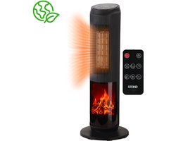 Elektrische Kachel met Sfeerhaard en Thermostaat 18-45 °C – Keramische Ventilatorkachel – Verwarming met Swingfunctie – Timer – Zwart - BREND BR-2222