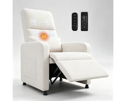 Elektrische Relaxfauteuil met Massage en Verwarming - Wit - Linnen Uitstraling - Met Voetensteun en USB - Voor Thuis