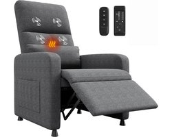 Elektrische Relaxstoel met Massage en Verwarming - Verstelbare TV-stoel (105-165°) - Linnen Look - Max. 180 kg - Inclusief Afstandsbediening & Geheugenfunctie - Grijs