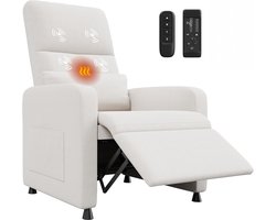 Elektrische Relaxstoel met Massage en Verwarming - Verstelbare TV-stoel (105-165°) - Linnen Look - Max. 180 kg - Inclusief Afstandsbediening & Geheugenfunctie - wit