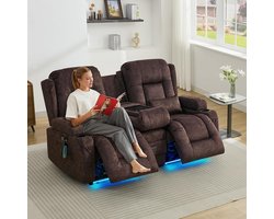 Elektrische tweezits relaxstoel met ligfunctie 170 x 76 x 103 cm – Home Cinema TV-stoel met massage, verwarming, LED-verlichting & middenconsole – Fluweel grijs – Pauwhome