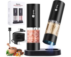 Elektrische zout- en pepermolen, 120 ml inhoud, timer met 4 standen, zout- en pepermolen met LED-verlichting, USB-oplaadbaar, instelbare maalgraad – voor in de keuken (set van 2, zwart)