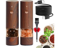 Elektrische Zout- en Pepermolen Set, Type-C Oplaadbaar Met LED Verlichting, 6 Trappen Instelbare Maalgraad, Keramische Maalwerk, Geschikt voor Thuis Keuken en Barbecue, Houtlook