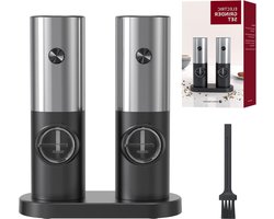 Elektrische zout- en pepermolen set van 2 op batterijen - instelbare grofheid - wit LED licht - zilver/zwart. Zout en pepermolen