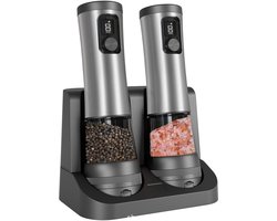 Elektrische zout- en pepermolenset - keramische molen, automatische pepermolen met batterijdisplay, oplaadbare basis, roestvrijstalen zouthouder, 5 instelbare korrelgroottes, perfect voor moderne keukens