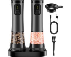 Elektrische zout- en pepermolenset – Oplaadbare zoutmolen met LED-batterij-indicator – Automatische pepermolen met opbergbasis – Pepermolen met keukenverlichting