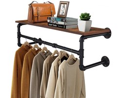 ElevateCommerce - Industrieel Wandrek Kledinghanger met Houten Plank – Kledingrek Wandmontage – Kapstokrek met Plank – Kledinghanger Zwart – Hout & Metaal – Space Saving