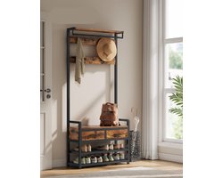 ElevateCommerce – Kapstok Staand met Schoenenrek – Kapstok met Bank – Haken & Planken – Industrieel Metaal/Hout – Halmeubel