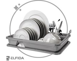Elfida Home Afdruiprek met lekbak - afdruiprek grijs metallic - grijze afdruiprekken met een kliksysteem van Elfida - 2-delige set rek en lekbak onderzetter