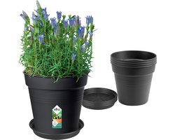Elho Green Basics Kweekpotten set - Met onderschotels - 100% Gerecycled Plastic - Set van 5 - Ø 17 x H 15.8 cm - Living black