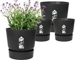 Elho Greenville Rond 14 en 16 cm - Bloempot voor Buiten met Waterreservoir - 100% Gerecycled Plastic - Set van 4 - Ø 14, 16 cm - Living black