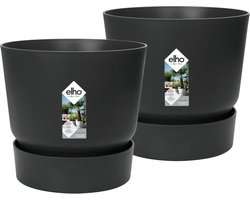 Elho Greenville Rond 30 - Grote Bloempotten met Waterreservoir - 100% Gerecycled Plastic - Set van 2 - Ø 29.5 x H 27.8 cm - Living black