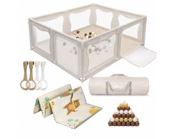 Elissio® - Grondbox Baby – Inclusief Dubbelzijdige Speelmat – Baby Speelbox met 50x Speelballen - Kinderbox - Playpen - 180x150 CM - Beige