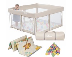 Elissio® - Grondbox Baby - Inklapbare Speelbox met Dubbelzijdige Speelmat & 50 Ballen - Kruipbox - Kinderbox - Playpen Baby - 125x125x65 CM - Beige