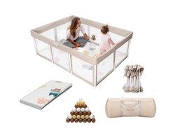 Elissio® - Grondbox Baby - Inklapbare Speelbox met Dubbelzijdige Speelmat & 50 Ballen - Kruipbox - Kinderbox - Playpen Baby - 180x120 CM - Beige