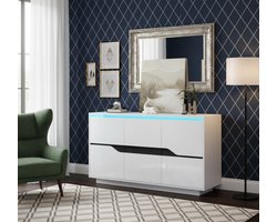 EliteLux Hoogglans Dressoir met LED Verlichting – Modern Wit Zwart Sideboard met 3 Deuren & 4 Lades – Soft-Close Commodekast met App Bedienbare LED’s – Luxe Opbergkast voor Woonkamer, Eetkamer of Slaapkamer – 140x40x76 cm – Medahomestore