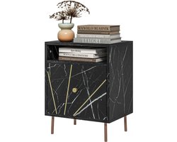 EliteNest® - Nachtkastje - Modern Design - Marmer Effect - Zwart - Gouden Poten - 39x30x50cm - Met Lade en Open Vak - Functionaliteit