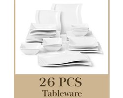 EliteNest® - Serviesset - 26-delig - Vierkant Wit Porselein - Diner-, Soep-, Dessertborden & Kommen - Modern Design - Voor Elke Gelegenheid