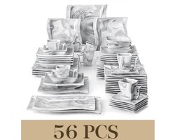EliteNest® - Serviesset - 56-delig - Grijs Marmer Porselein - Diner-, Soep- & Dessertborden, Kopjes & Schotels - Modern & Duurzaam