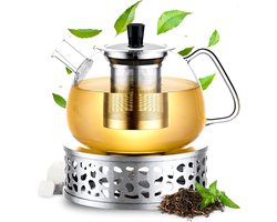 Élithé Glazen Theepot met Filter en Warmhouder - Theekan - Theepot Glas - Teapot - Tea Maker - 1 Liter - Zilver - Moederdag