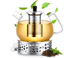 Élithé Glazen Theepot met Filter en Warmhouder - Theekan - Theepot Glas - Teapot - Tea Maker - 1.5 Liter - Zilver - Moederdag
