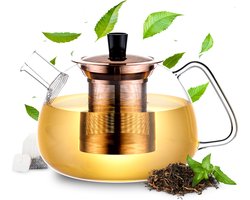 Élithé Theepot Glas 1 Liter met Filter - Glazen Teapot voor Losse Thee en Theebloemen - Theekan - Tea Maker met Zeef - Infuser - Brons