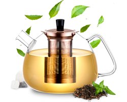 Élithé Theepot Glas 1,5 Liter met Filter - Glazen Teapot voor Losse Thee en Theebloemen - Theekan - Tea Maker met Zeef - Infuser - Brons