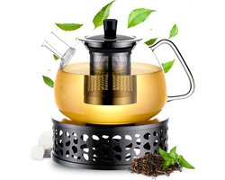 Élithé Theepot Glas Set 1 Liter met Filter en Warmhouder - Glazen Teapot voor Losse Thee en Theebloemen - Tea Maker - Theelicht houder voor Theekan met Zeef - Infuser - Warmer - Zwart