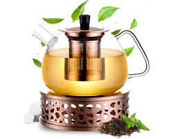 Élithé Theepot Glas Set 1 Liter met Filter en Warmhouder - Glazen Teapot voor Losse Thee en Theebloemen - Tea Maker - Theelicht houder voor Theekan met Zeef - Infuser - Warmer - Brons