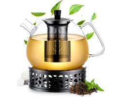 Élithé Theepot Glas Set 1,5 Liter met Filter en Warmhouder - Glazen Teapot voor Losse Thee en Theebloemen - Tea Maker - Theelicht houder voor Theekan met Zeef - Infuser - Warmer - Zwart