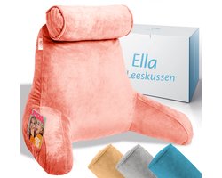 Ella Leeskussen - Memory Foam Relax Kussen voor in Bed - Zitkussen met Nekrol & Onderrug Ondersteuning - Bookseat - Fluweel Koraal Roze