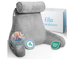 Ella Leeskussen XL Fluweel met Traagschuim voor in Bed & Bank - Rugkussen met Nekrol & 3 Opbergvakken - Bookseat - Rugsteun & Relax Kussen - Antraciet