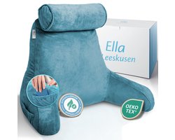 Ella Leeskussen XL Fluweel met Traagschuim voor in Bed & Bank - Rugkussen met Nekrol & 3 Opbergvakken - Bookseat - Rugsteun & Relax Kussen - Marineblauw