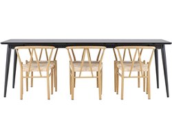 Ellis eethoek tafel 85x230cm en 6 rattan stoelen met armleuningen stapelbaar zwart.