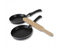 Elo 9399950 Set van 2 Mini-Pannenkoekenpannen 14 cm Alle Vuurbronnen behalve Inductie, Anti-aanbak zonder PFAS, en 1 Houten Spatel of Spanell, voor Kleine Pannenkoeken, Pancakes, Blini's of Gebakken Eieren, Chandeleur, Zwart