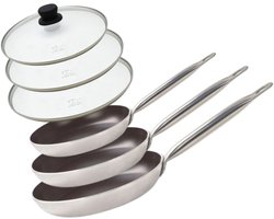 Elo 9804250 Set van 3 aluminium pannen en glazen deksels, pan geschikt voor alle warmtebronnen, inductiepan, PFAS-vrije pan, Aluminium, Roestvrij staal, Glas, Plastic, 32 x 5,5 cm