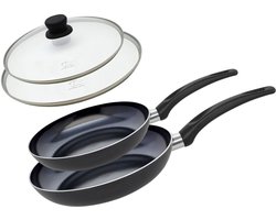 Elo 9807650 Set van 2 aluminium pannen en 2 glazen deksels, pan geschikt voor alle warmtebronnen behalve inductie, kookpan, PFAS-vrije pan, Aluminium, Roestvrij staal, Glas, Plastic, 32 x 5 cm